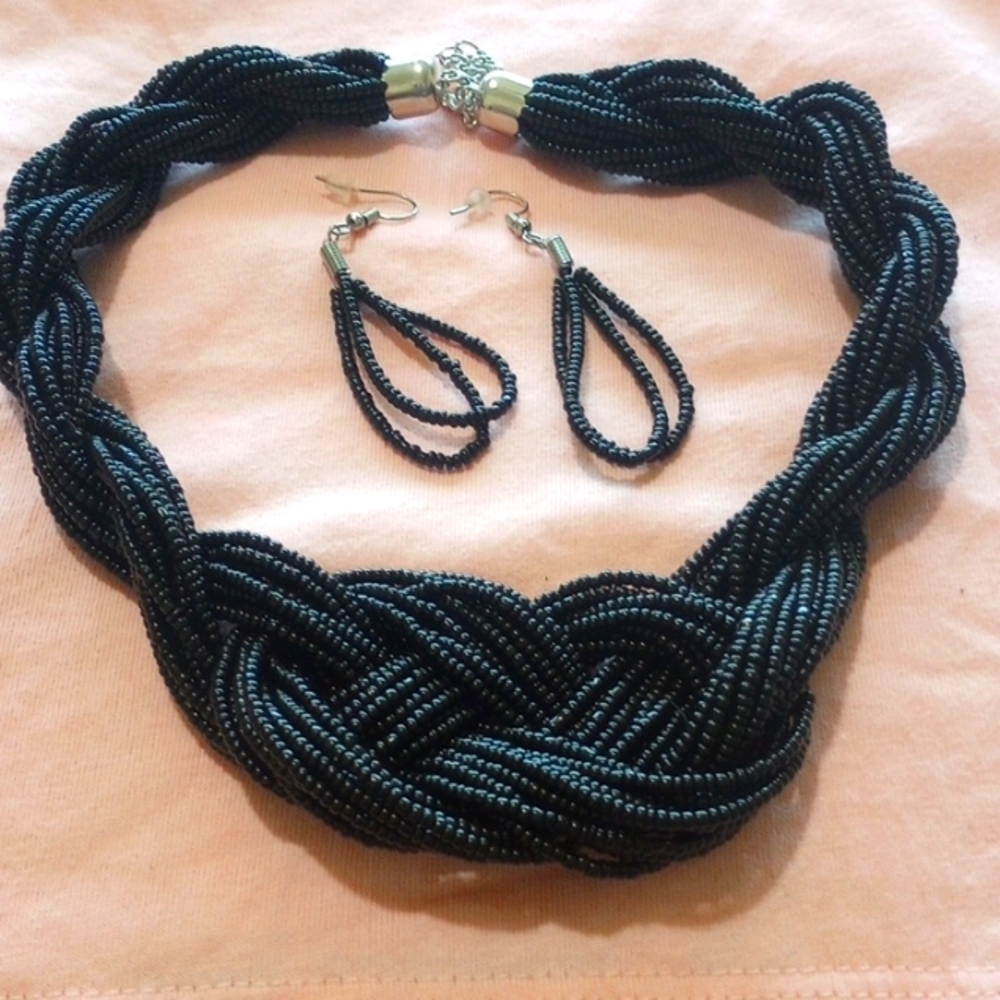 Black Beaded Necklace and Earring Set